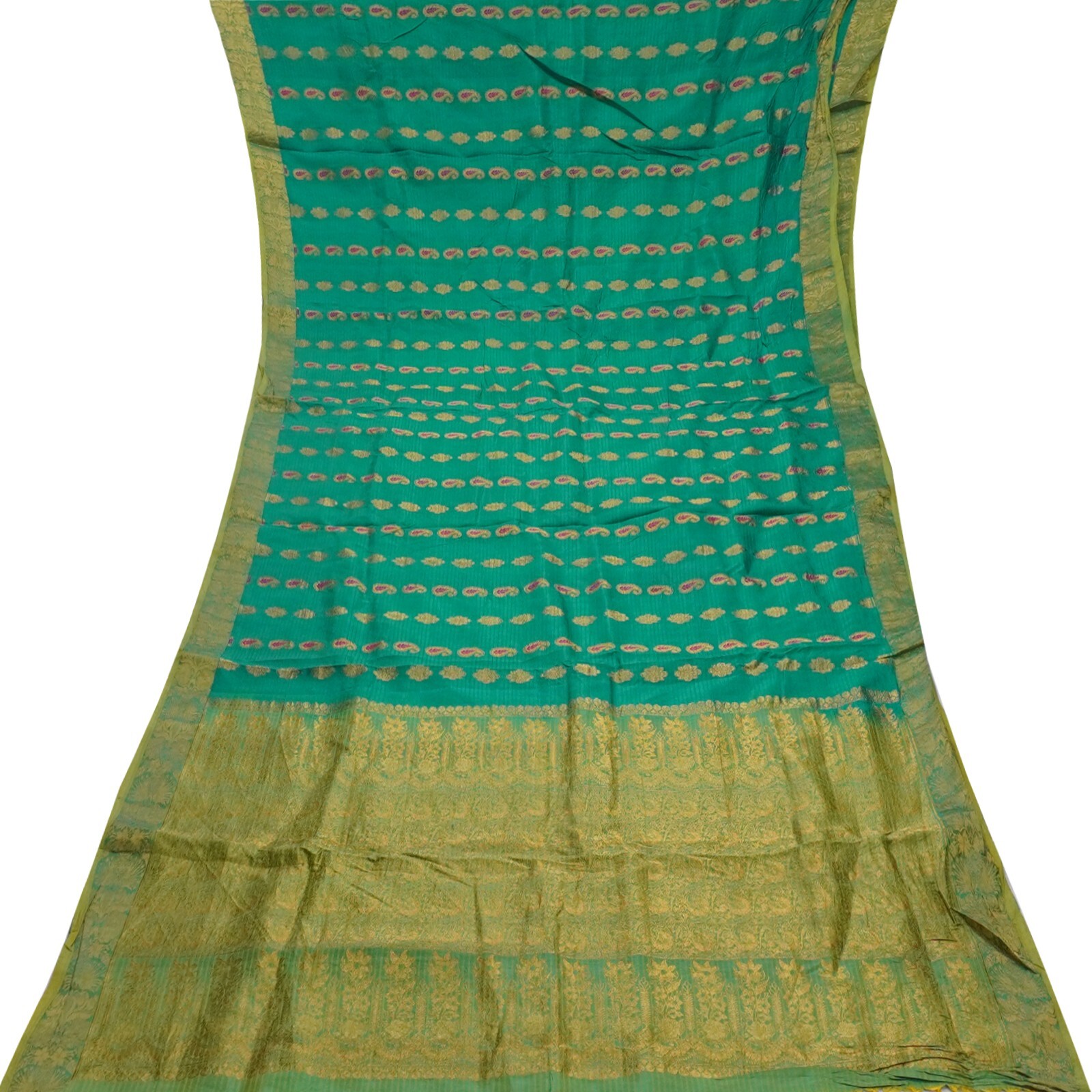 Vintage Teal Green Sarees 100% Pure Silk Zari Handwoven Sari 5YD Craft Fabric