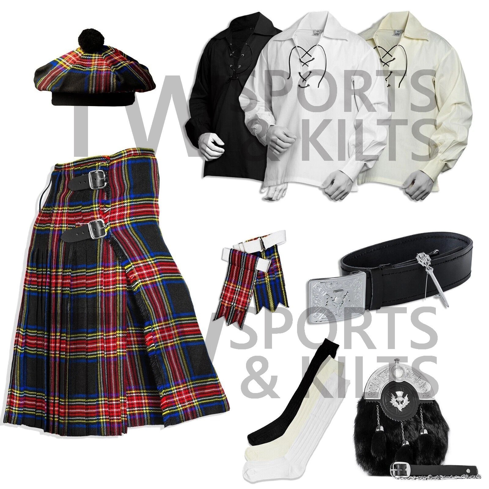 Scottish Men’s Outfit Black Stewart Tartan Kilt Set – 10 Pieces Kilt Accessories