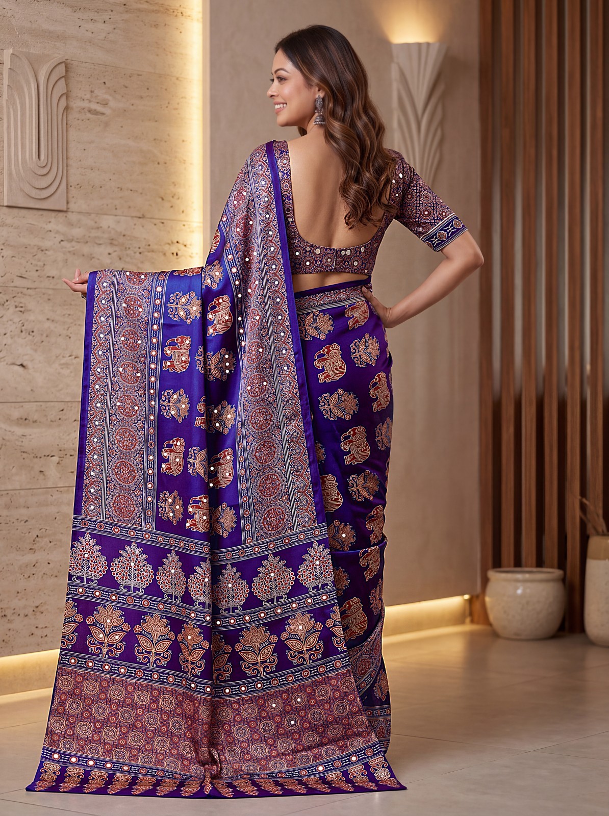 Intricately Ajrak Digital print saree in vibrant hues, perfect for Wedding