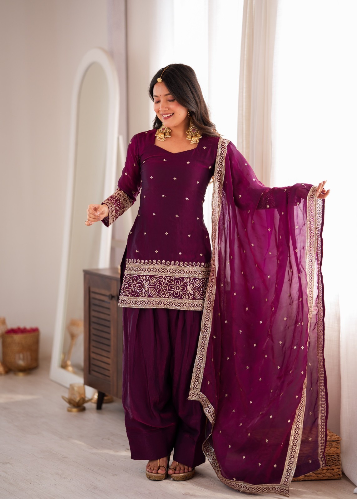 Designer Heavy Fendy Silk Top Kurta with Farshi Shalwar Glass Roman Silk Dupatta