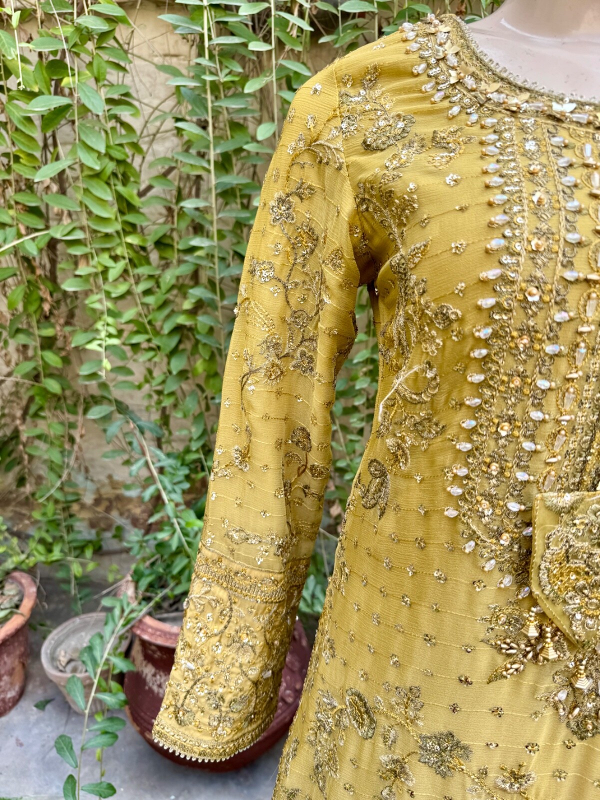 Pakistani Yellow Straight Style Embroidered Sequins Chiffon Sharara Dress,XL