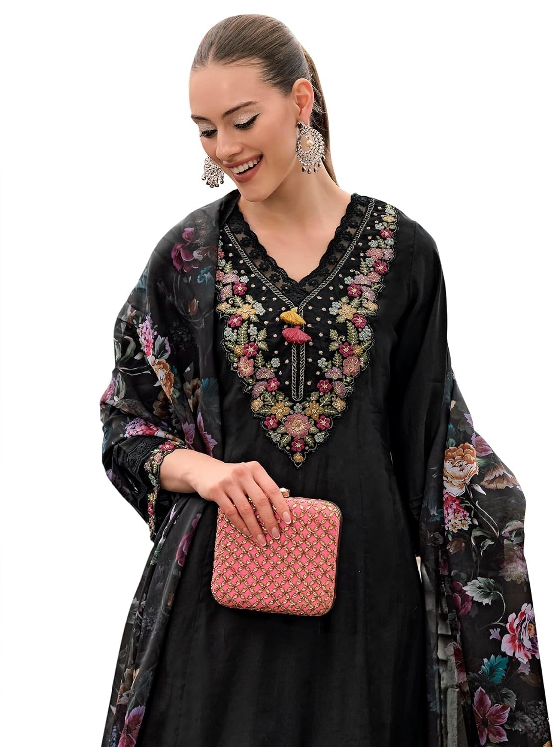Women’s Silk Blend Embroidered A-Line Kurta Pant with Dupatta Set