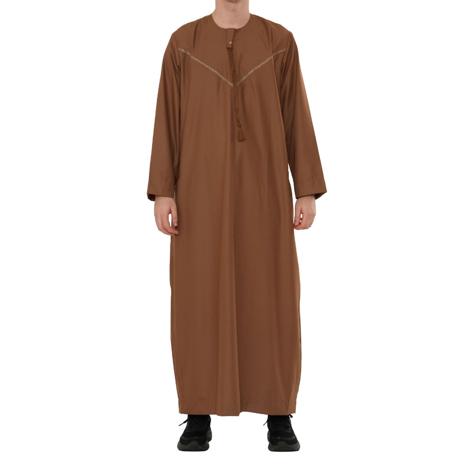 Men Camel Brown Thobe Emirati Omani Islamic Clothing Embroidery Muslim Tassel