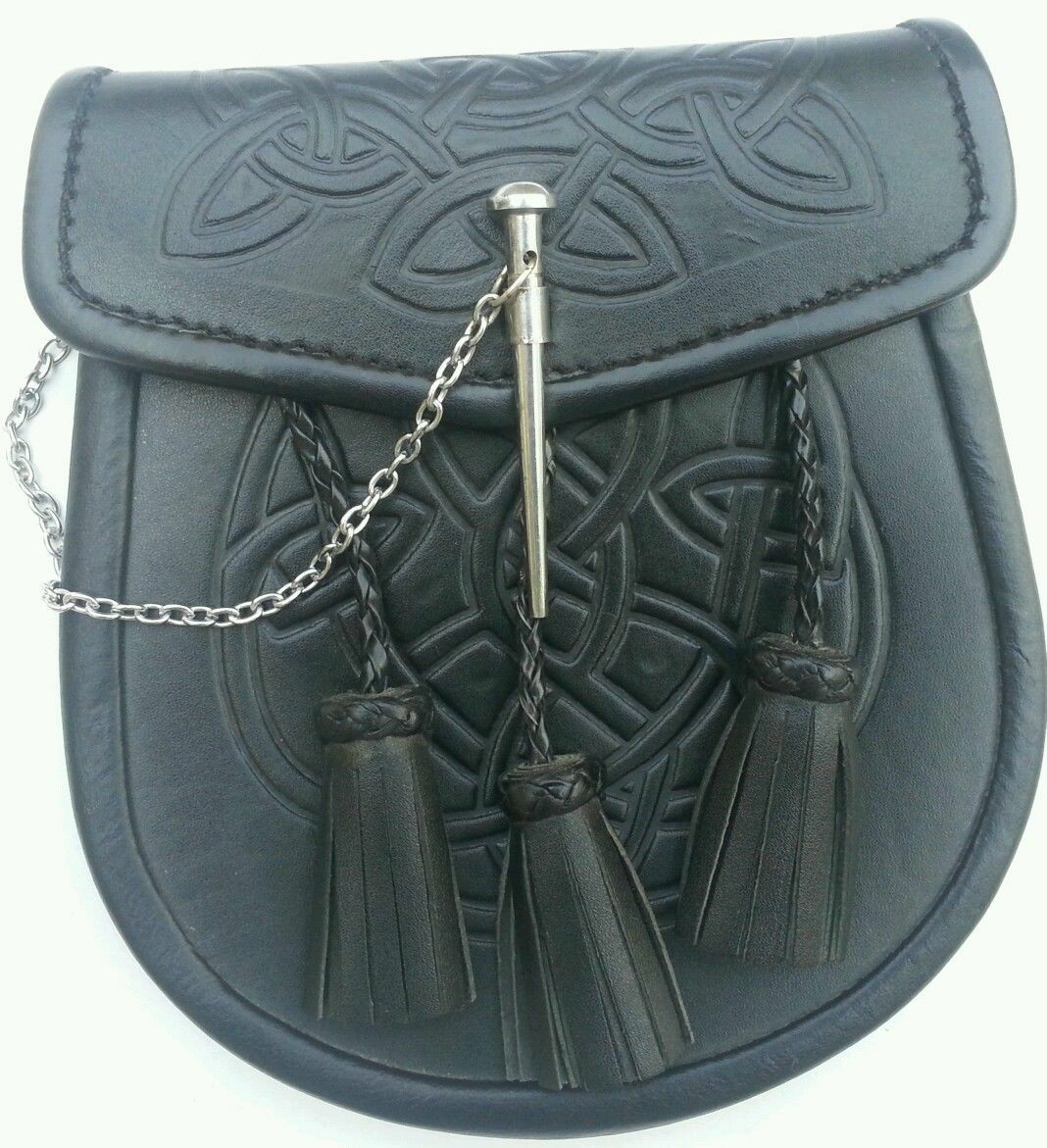 3 TASSELS CELTIC KNOT EMBOSSED BLACK SCOTTISH LATCH PIN KILT SPORRAN + BELT