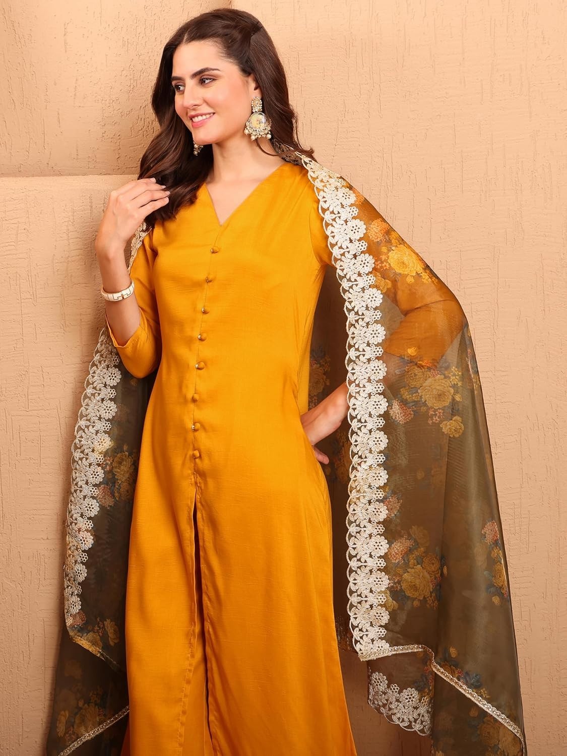 Women’s Cotton Silk Solid Hight Front Slit A-Line Kurta Palazzo &Organza Dupatta