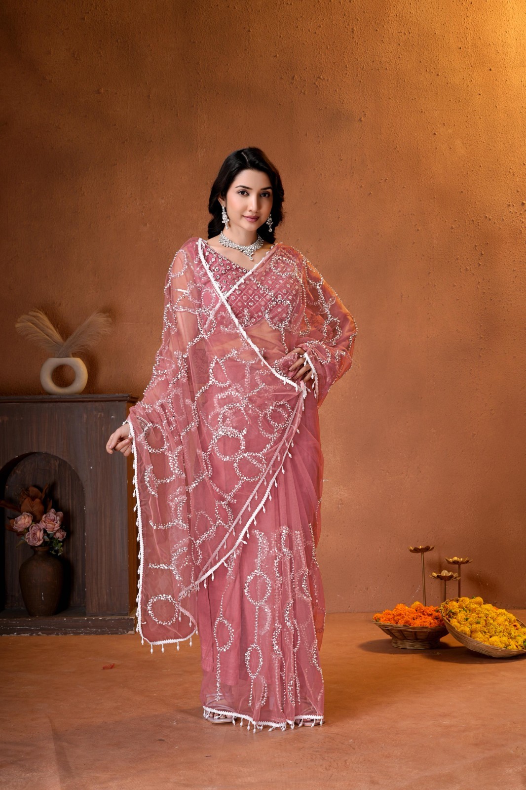 net saree with sequins beads embroidery work with blouse 5 colors available .