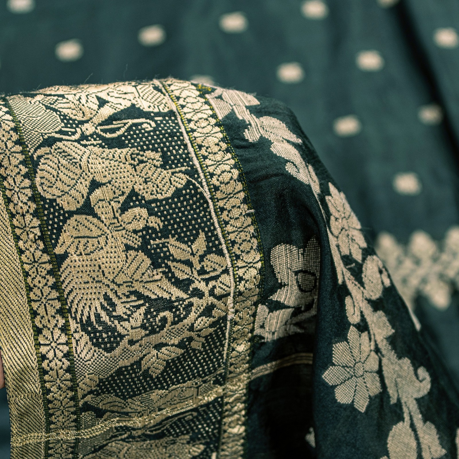 Sanskriti Vintage Green Pure Silk Saree Hand Woven Sari West Bengal 6+Yd Fabric