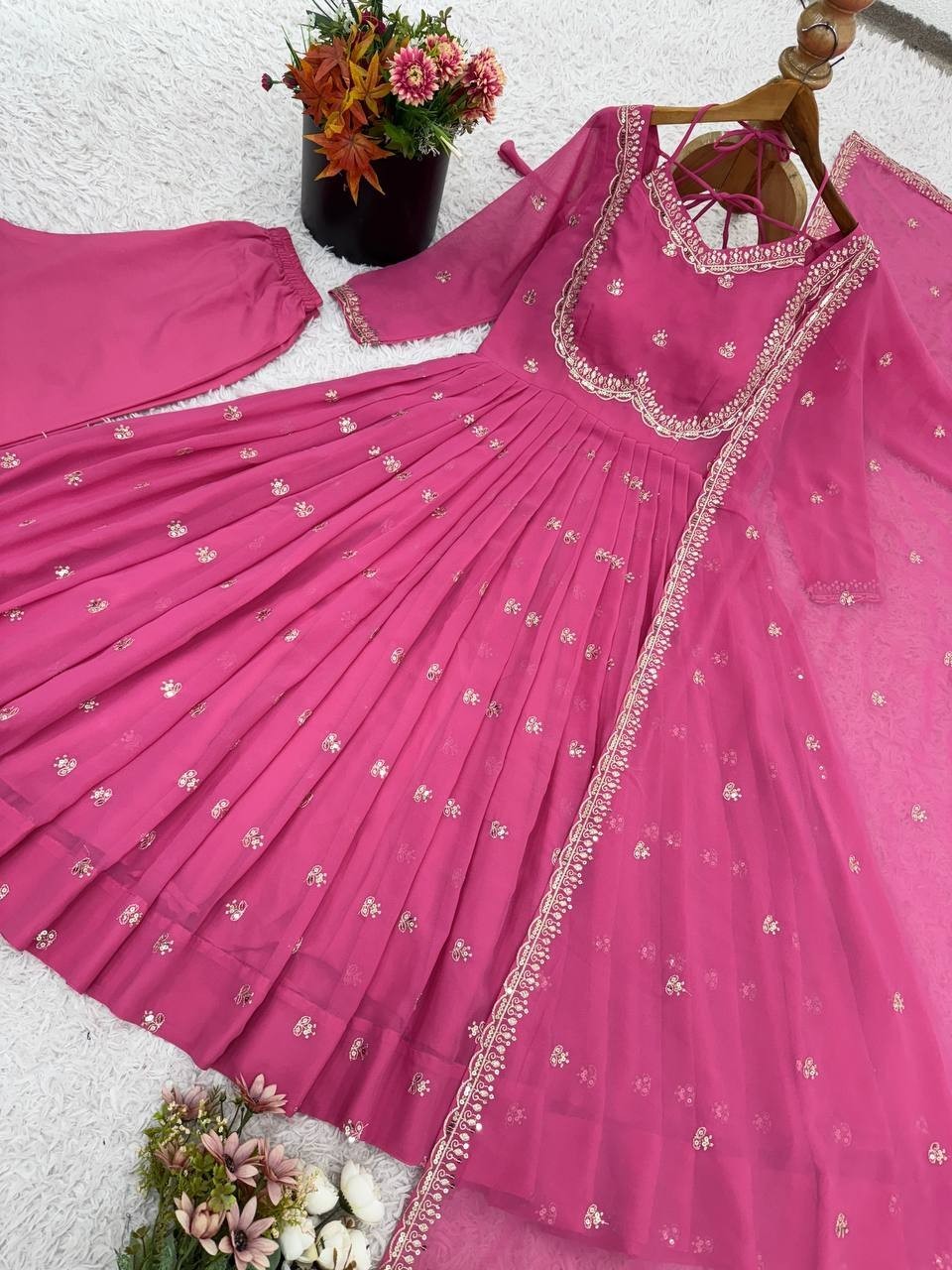 Stylish New Heavy Faux Georgette Gown Bottom With Pink Dupatta For Engagement
