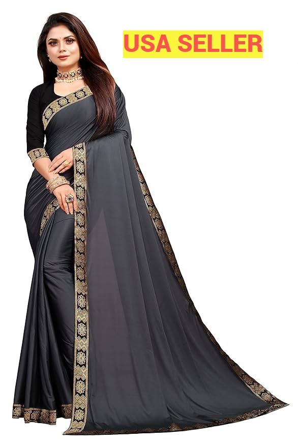 Women’s Lycra Plain Jacquard Lace Border Gorgeous Saree with Blouse Piece AN5