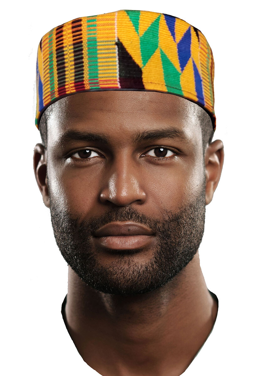 Akwaaba African Hand Woven Kente Kufi Hat with Faux Leather