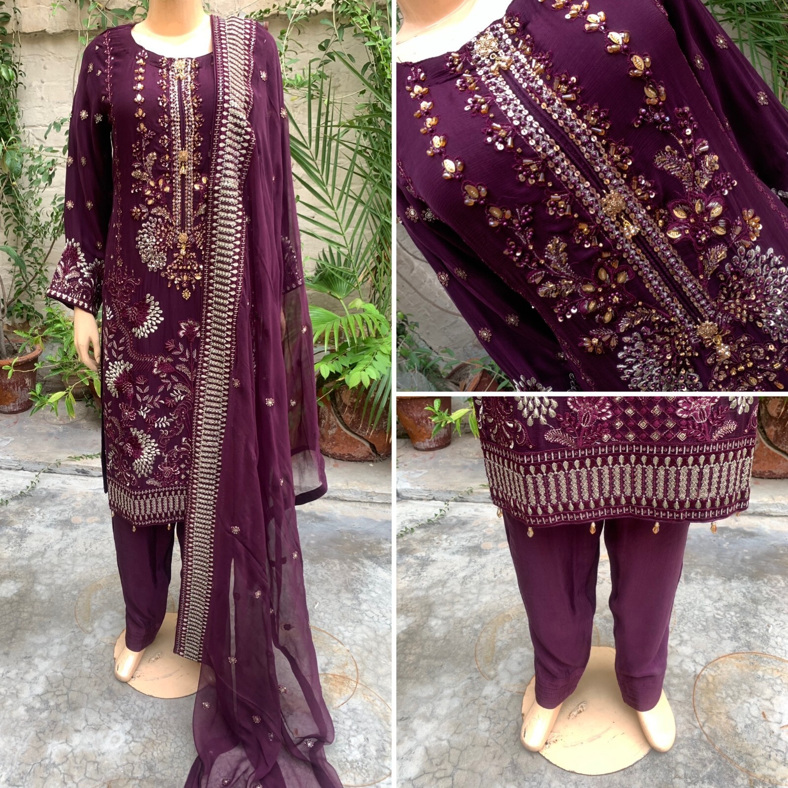 Pakistani Dark Purple Straight Style Embroidered Sequins 3pcs Chiffon Dress,XL