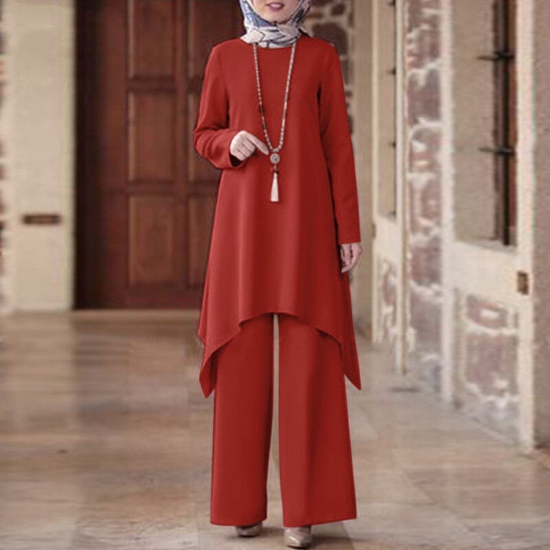 New Women Solid Color Round Neck Long Sleeved Top Pants Muslim Casual Set S-5XL