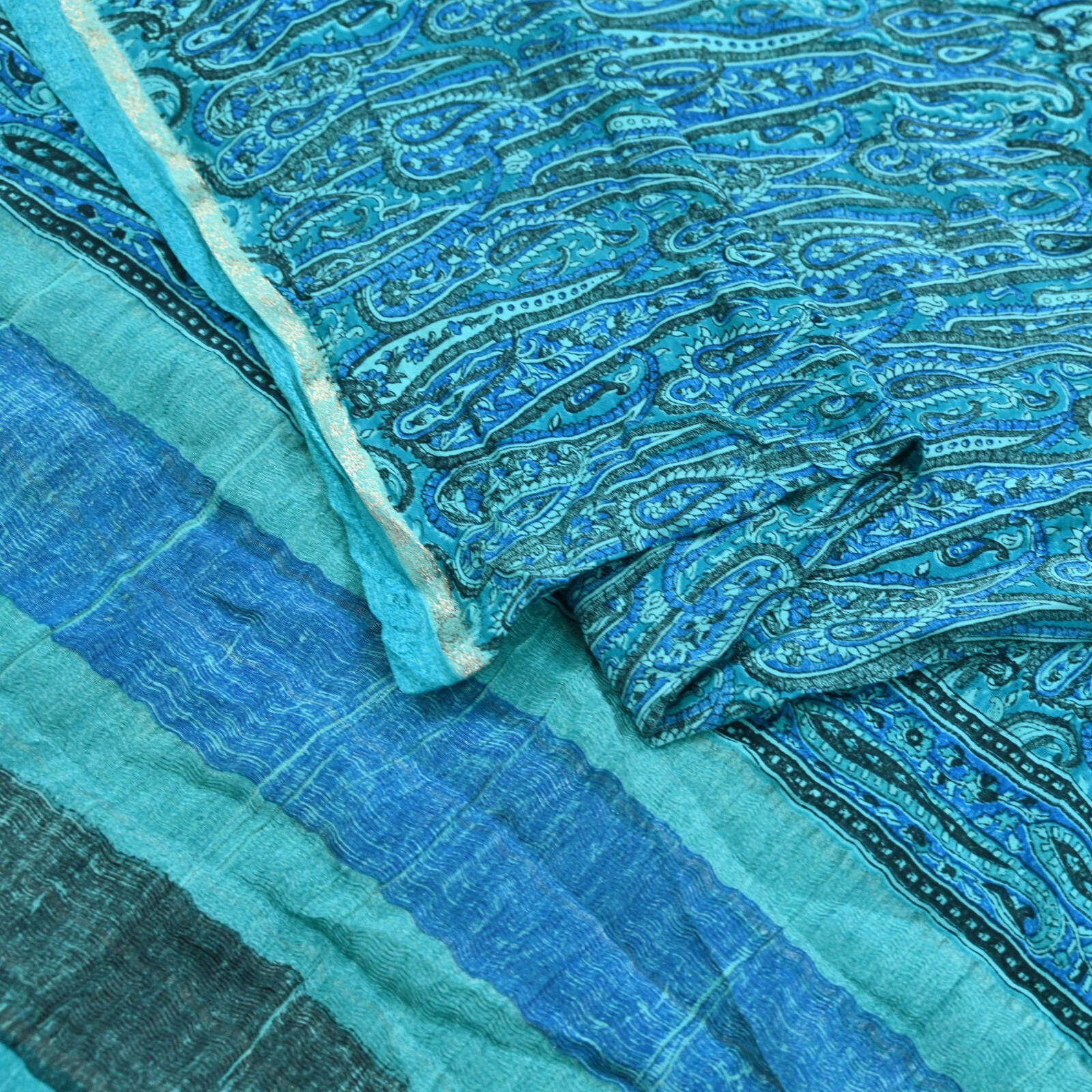 Vintage Sari Blue & Green Pure Crepe Silk Printed Saree 6yd Sewing Fabric Zari