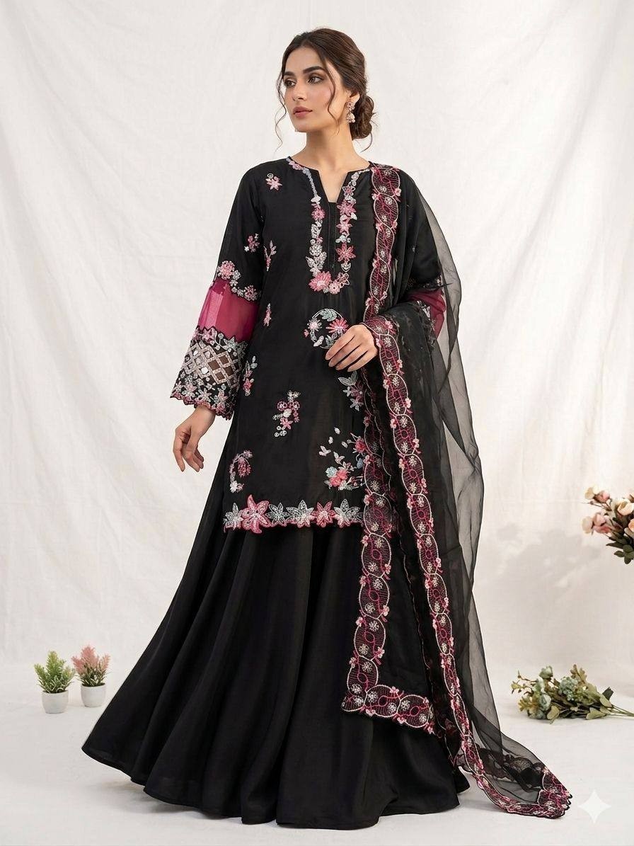 Women’s Black Embroidered Pakistani Salwar Kameez Suit with Palazzo & Net Dupatt