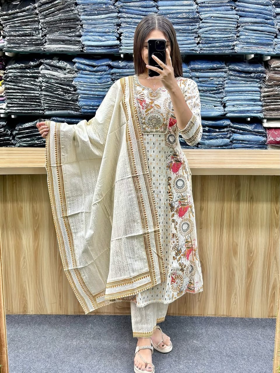White Salwar Kameez Ready to Wear Indian Wedding Partywear Kurta Palazzo Dupatta