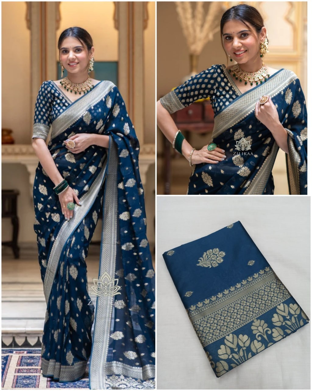 Navy Blue Wedding Saree Soft Lichi Silk Jacquard Rich Pallu Indian Ethnic Wear