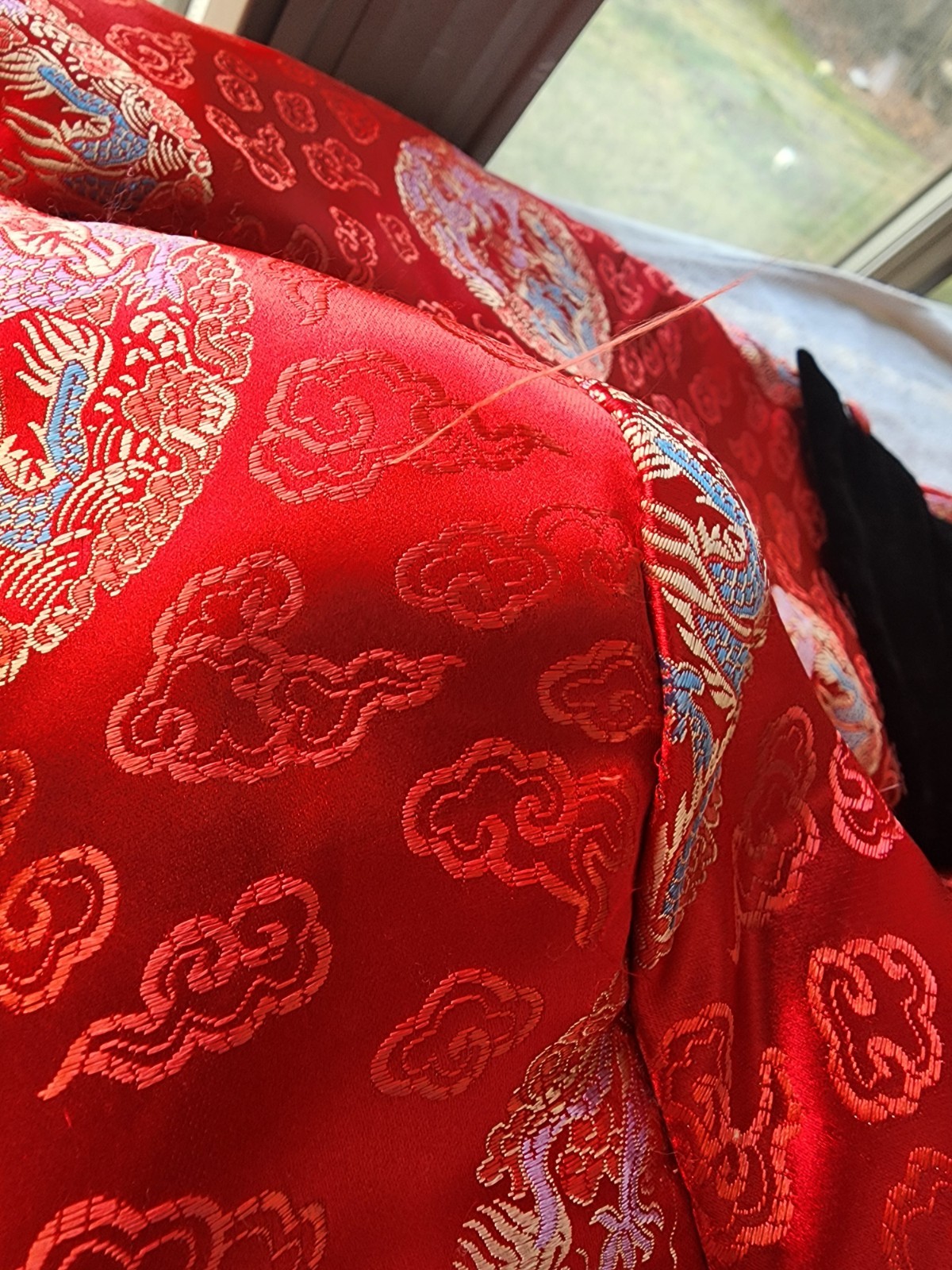 Vintage Chinese Red Brocode Tang Jacket Mandrian Collar Frog Closure Velvet Cuff