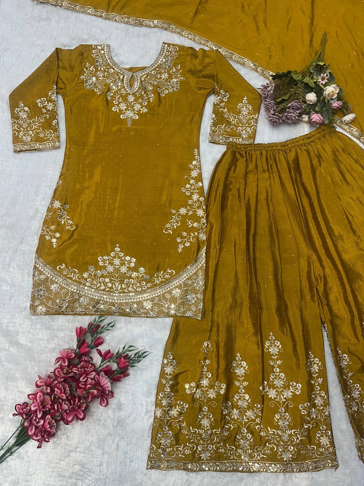 New Reception Wear Yellow Chinon Silk Kurta Palazzo With Dupatta For Women
