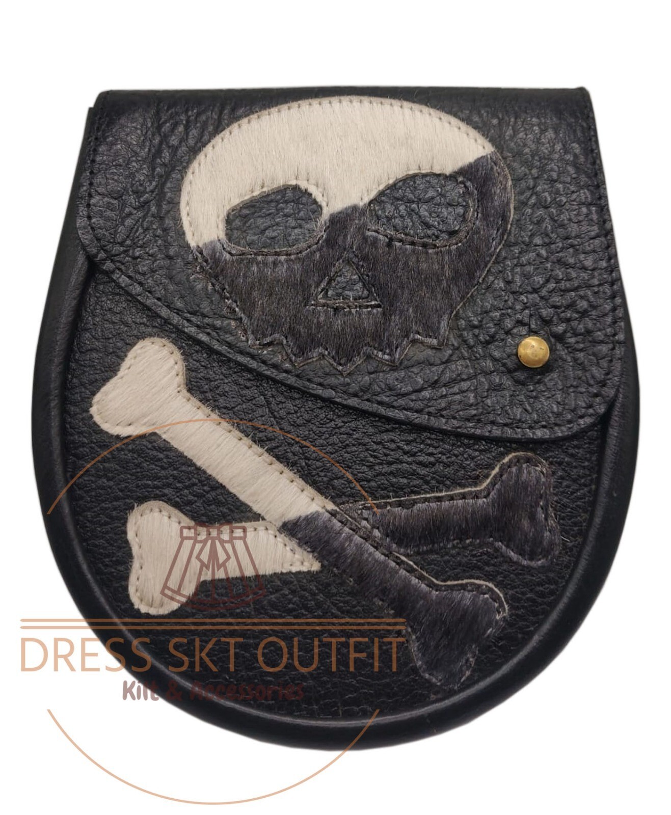 Scottish Kilt Semi Dress Sporran 100% Real Leather- Cow Fur SKULL Design Sporran