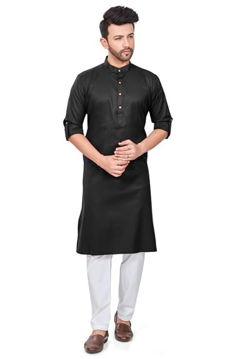 100% Cotton Ethnic Kurta Pyjama, Solid Straight Long Knee Length Full Sleeves