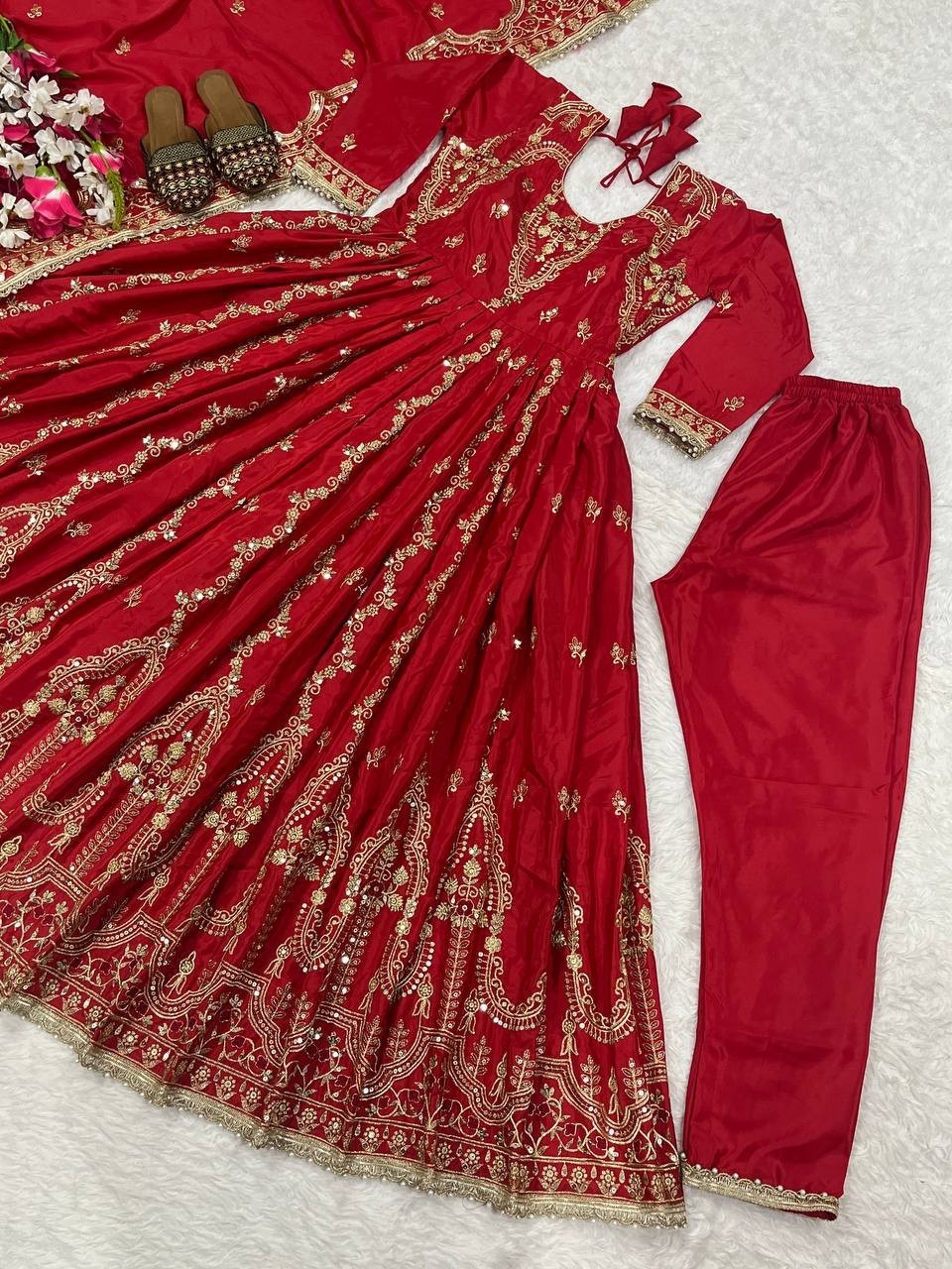 Stylish Heavy Natural Crepe Red Gown Bottom With Dupatta For Women Festival