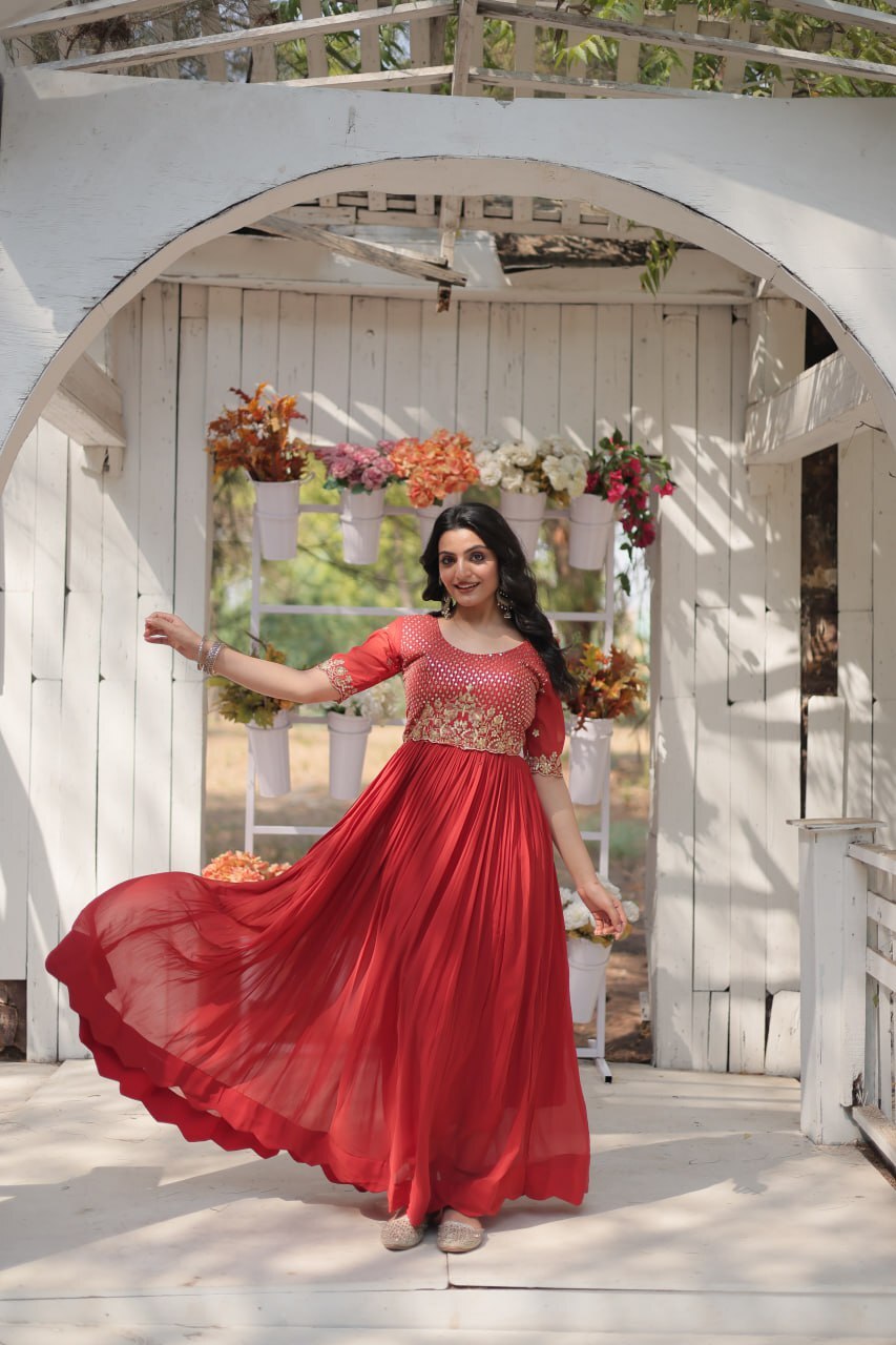 Sangeet Function Wear Orange Anarkali Gown For Traditional Wedding Function Wear