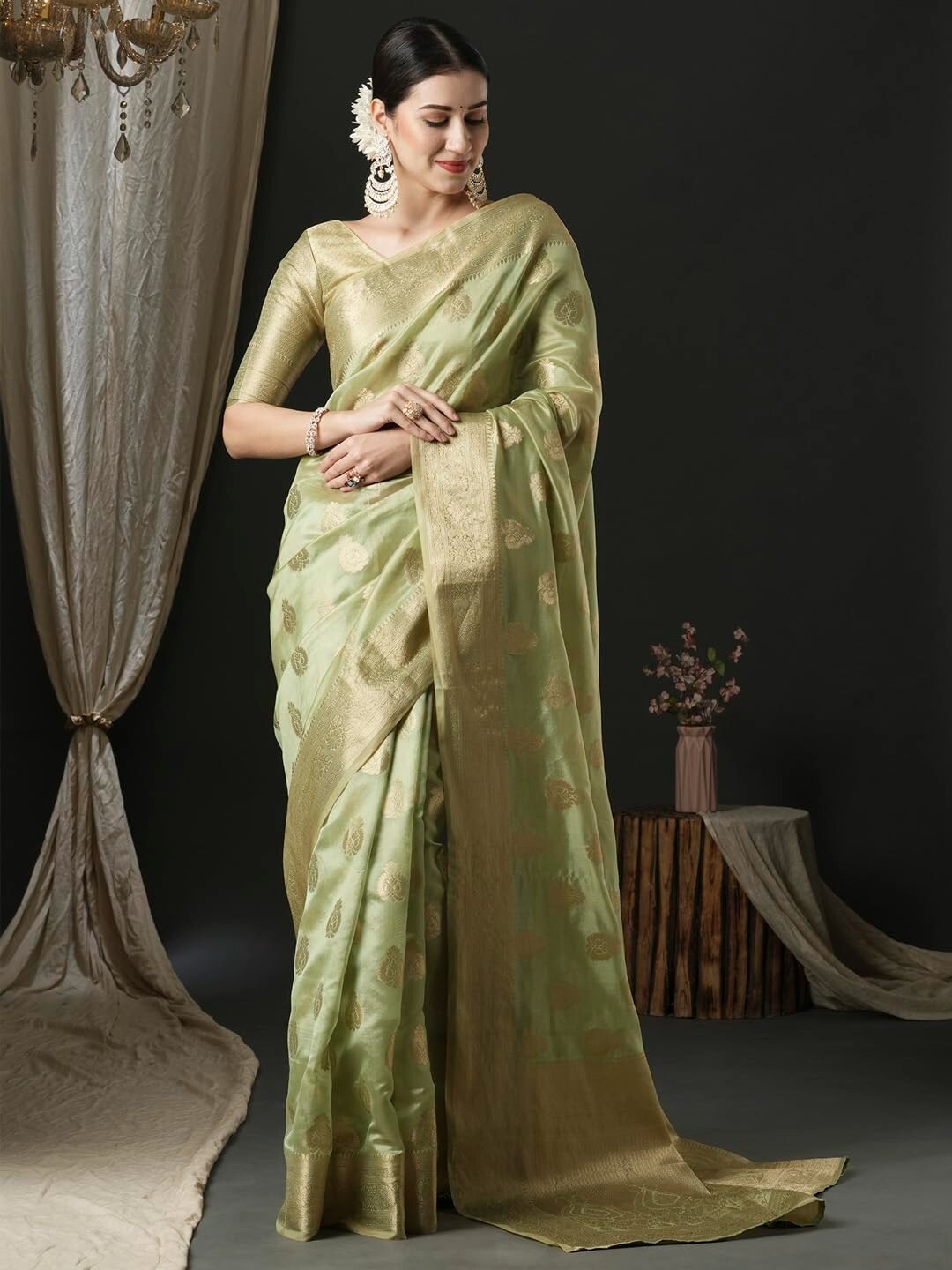 Women’s Organza Ethnic Motif Woven Design Saree With Unstitched Blouse Piece