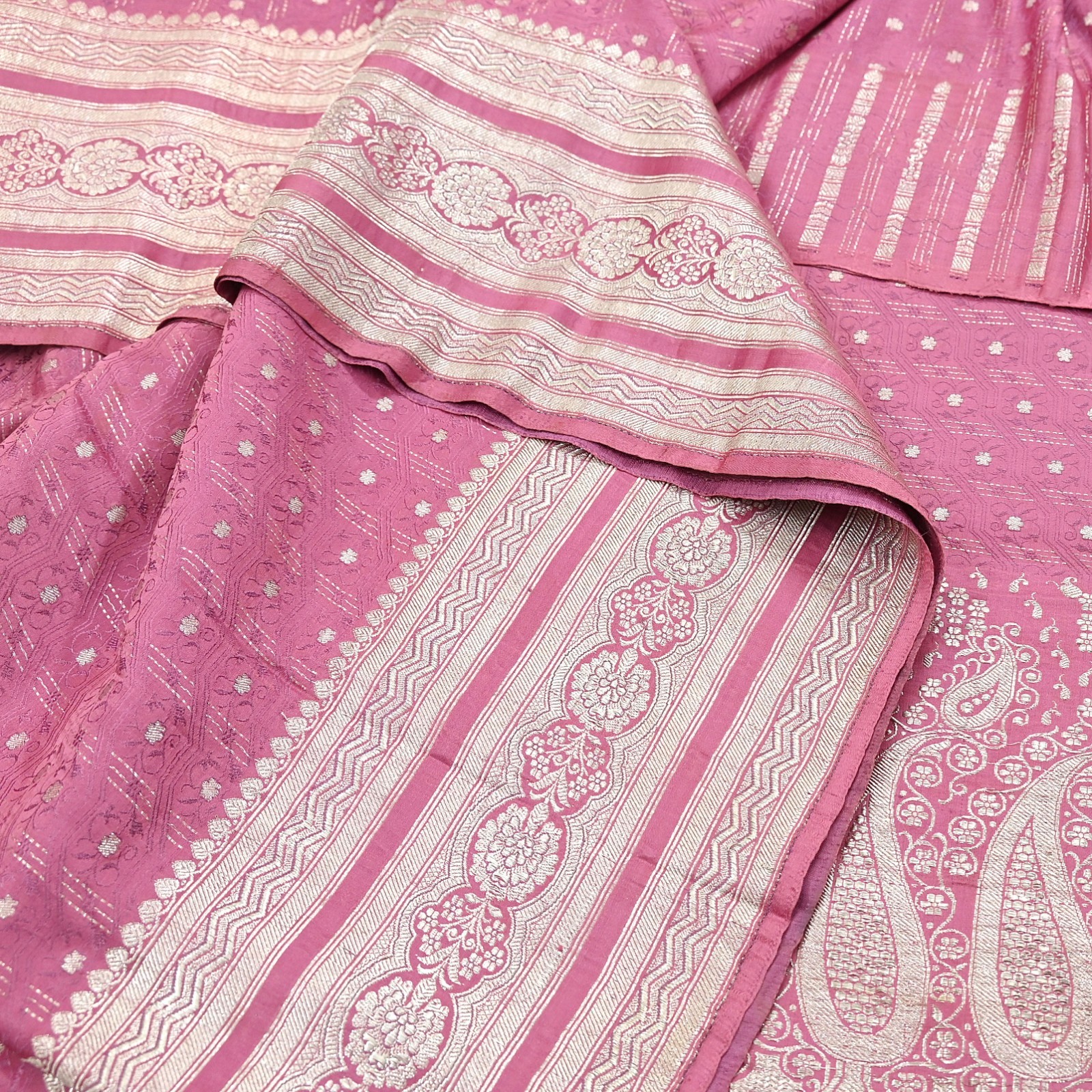 Indian Vintage Sari Heavy Pink Pure Satin Silk Woven Brocade Banarasi Sari 5yd