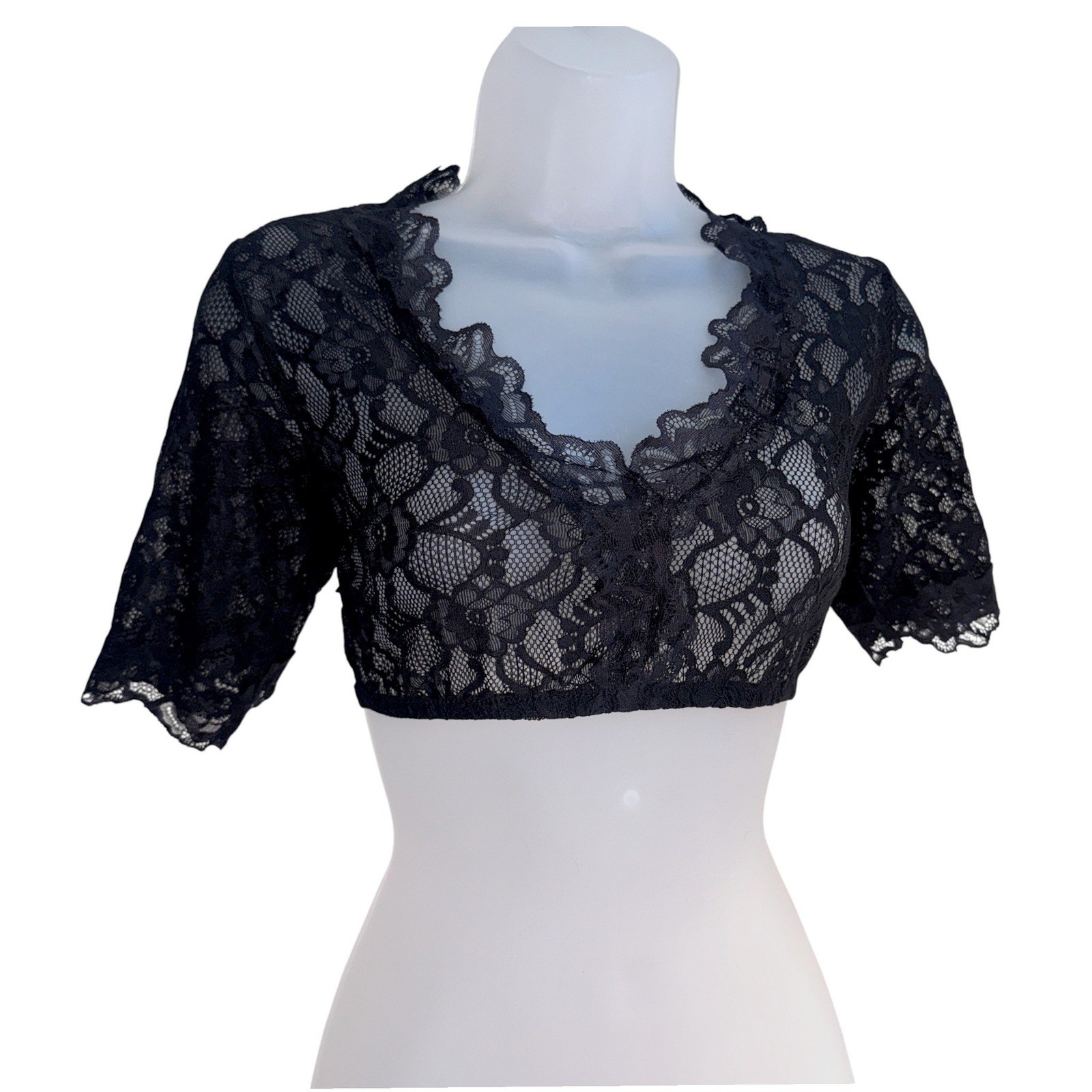 New Small Black Lace Dirndl Blouse Undershirt Top V Neck Crop Oktoberfest
