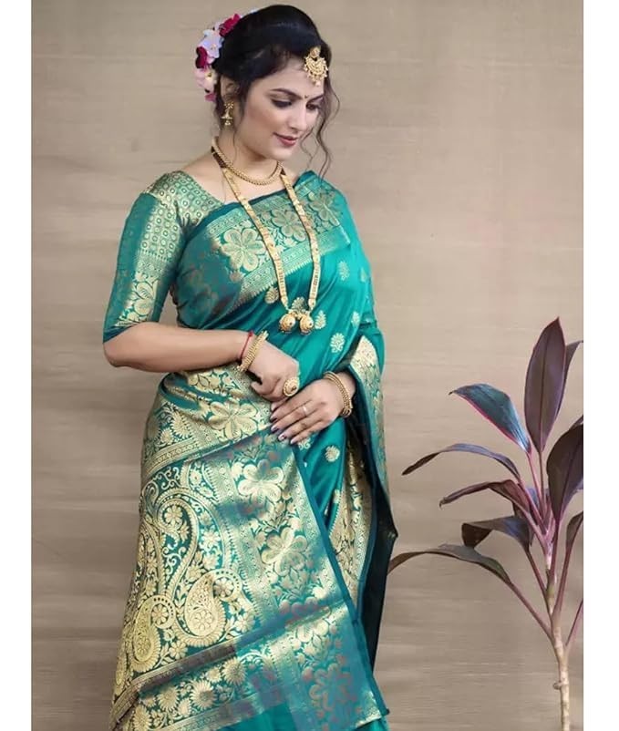 Rama Color Women’s Pure Soft Silk Saree With Blouse Piece For Wedding AN6