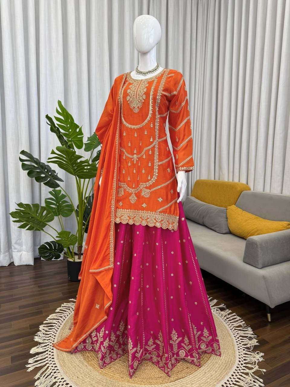 New Presenting Chinon Silk Orange Top Palazzo With Dupatta For Women & Girls