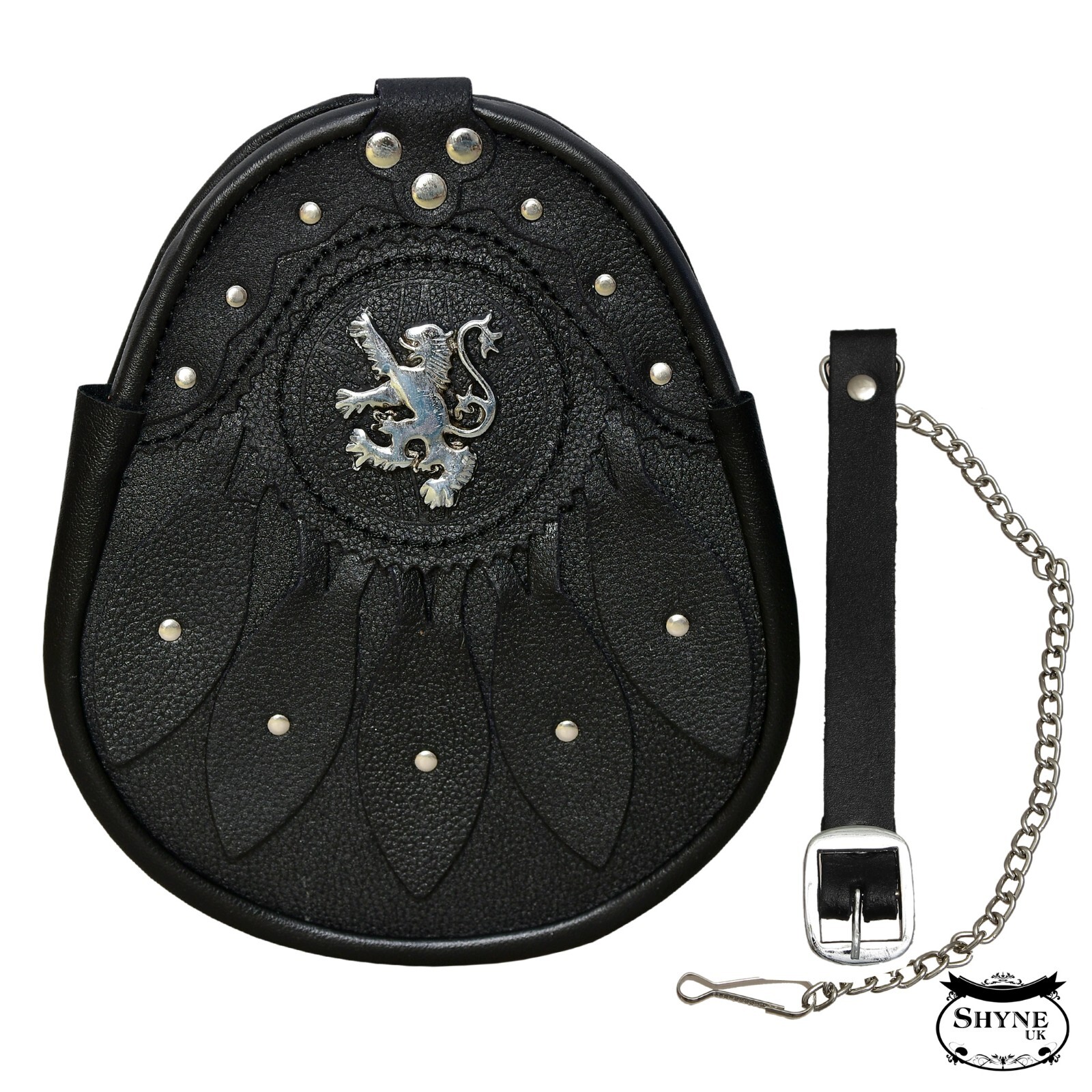 Lion Rampant & Celtic Design Black Leather Sporran with S/Chain Kilt