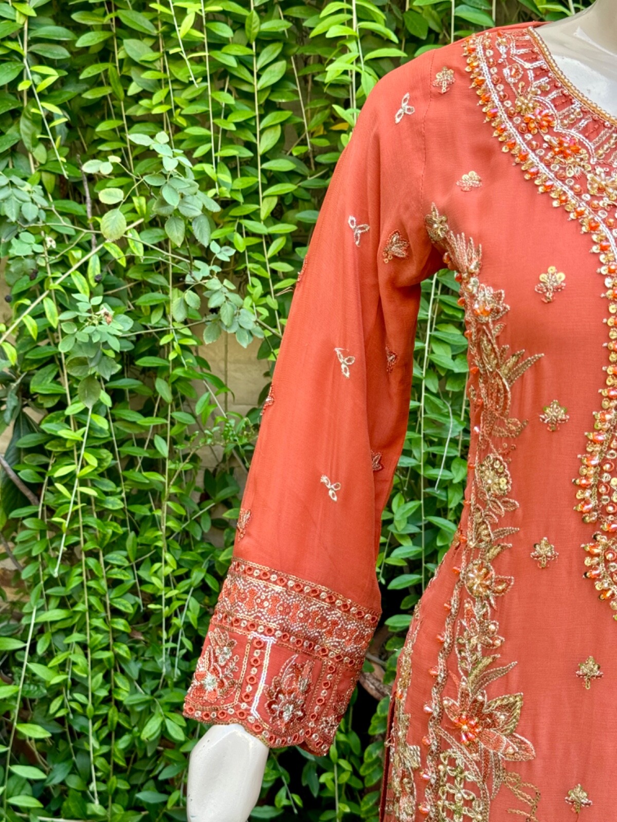 Pakistani Orange Straight Style Embroidered Sequins Chiffon Gharara Dress,S