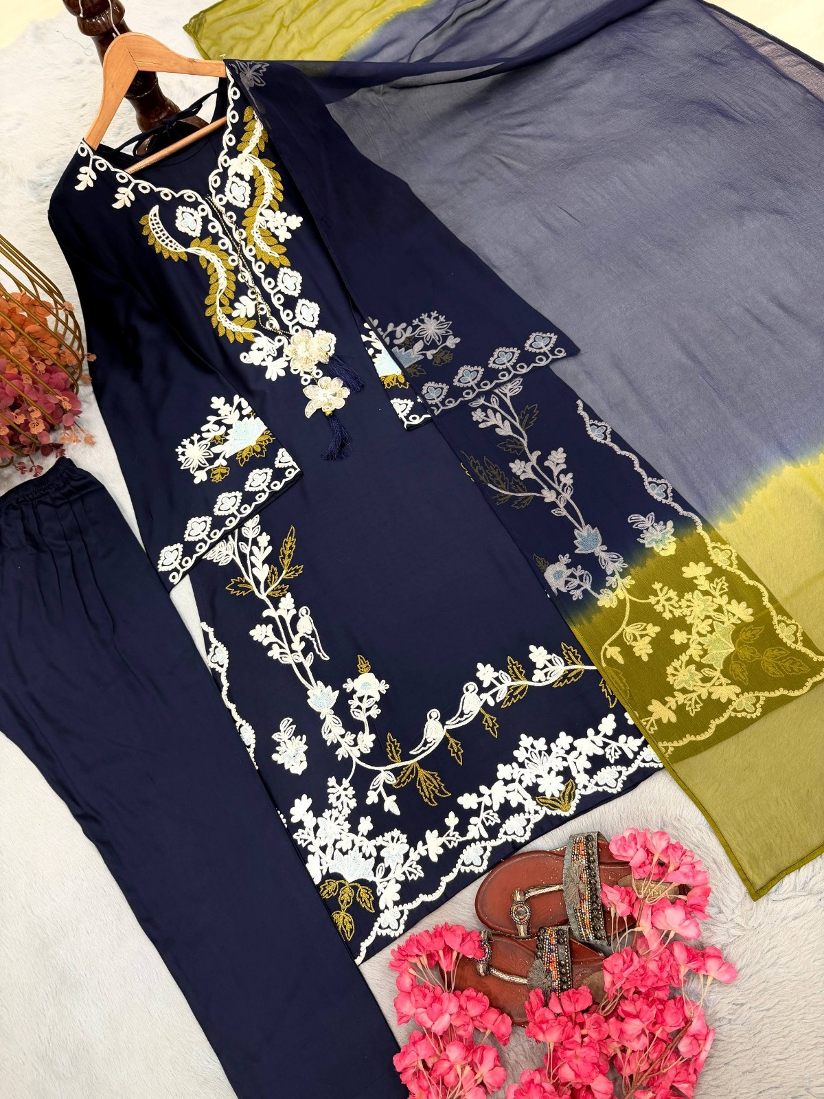 Presenting New Navy Blue Satin Rayon Salwar Kameez With Dupatta For Women