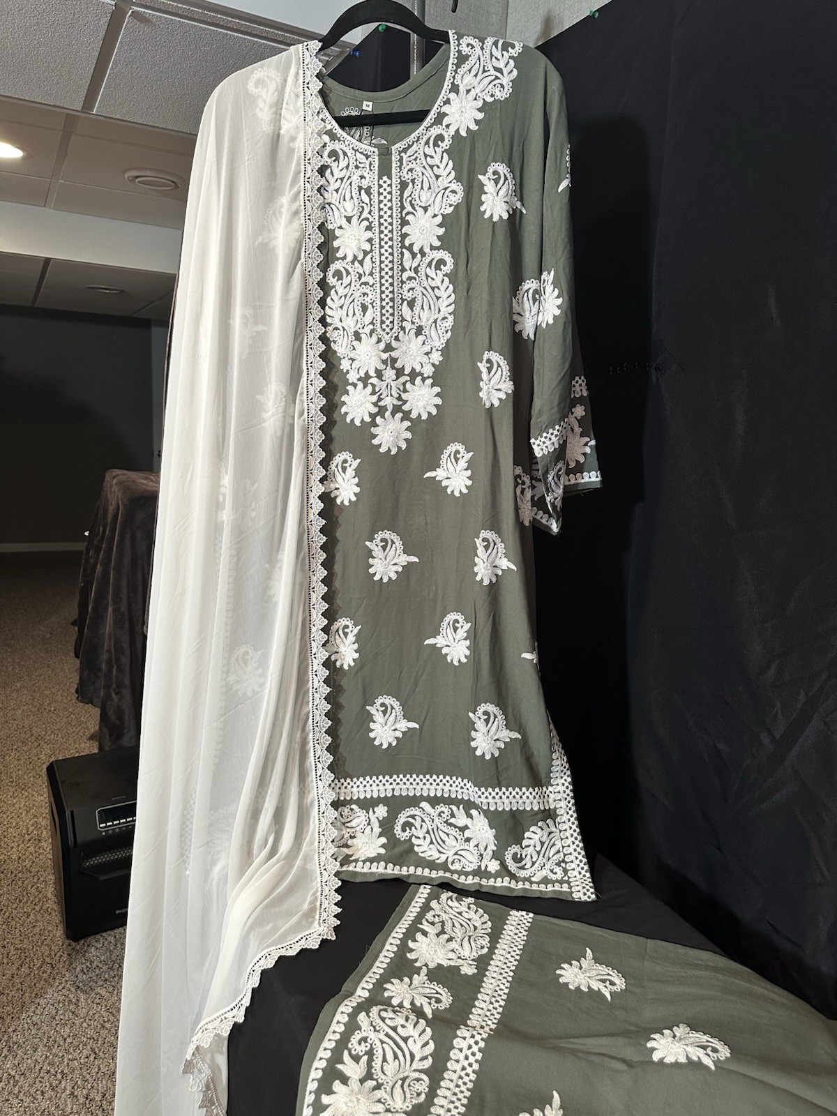 Beautiful soft linen Front & back emb-3 pc suit-emb plazo, laced dupatta-$44