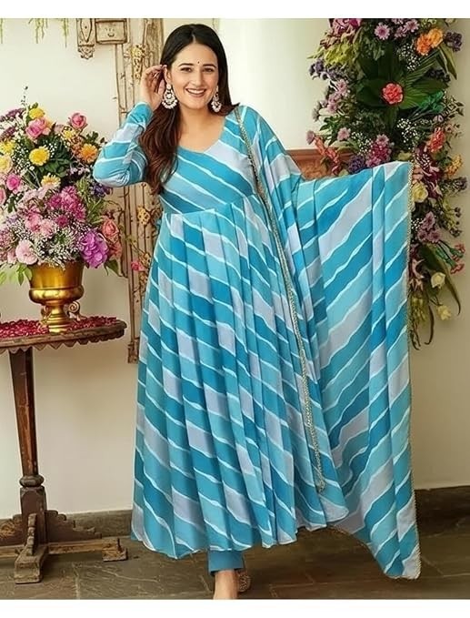 Georgette Readymade Leheriya Gown Dress with Digital Print Knee Length A Line