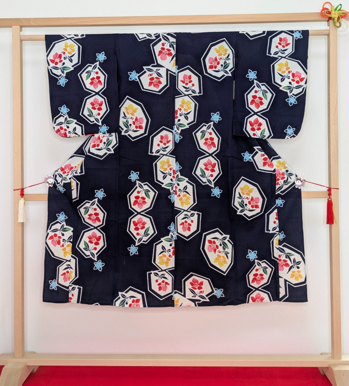 Authentic Japanese Kimono Kids Yukata Cotton Navy Blue Flowers Summer Loungewear