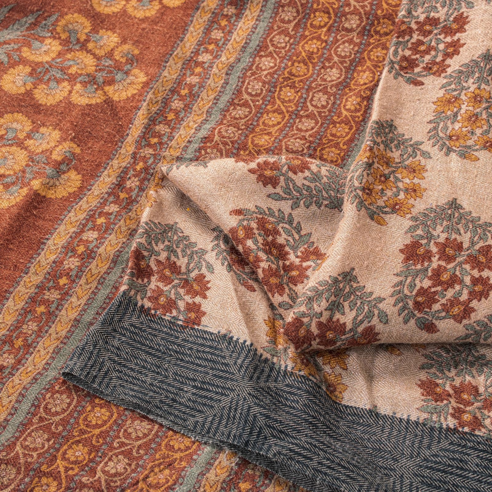 Sanskriti Vintage Pure Woolen Peach Saree Block Print Sari 5Yd Soft Craft Fabric