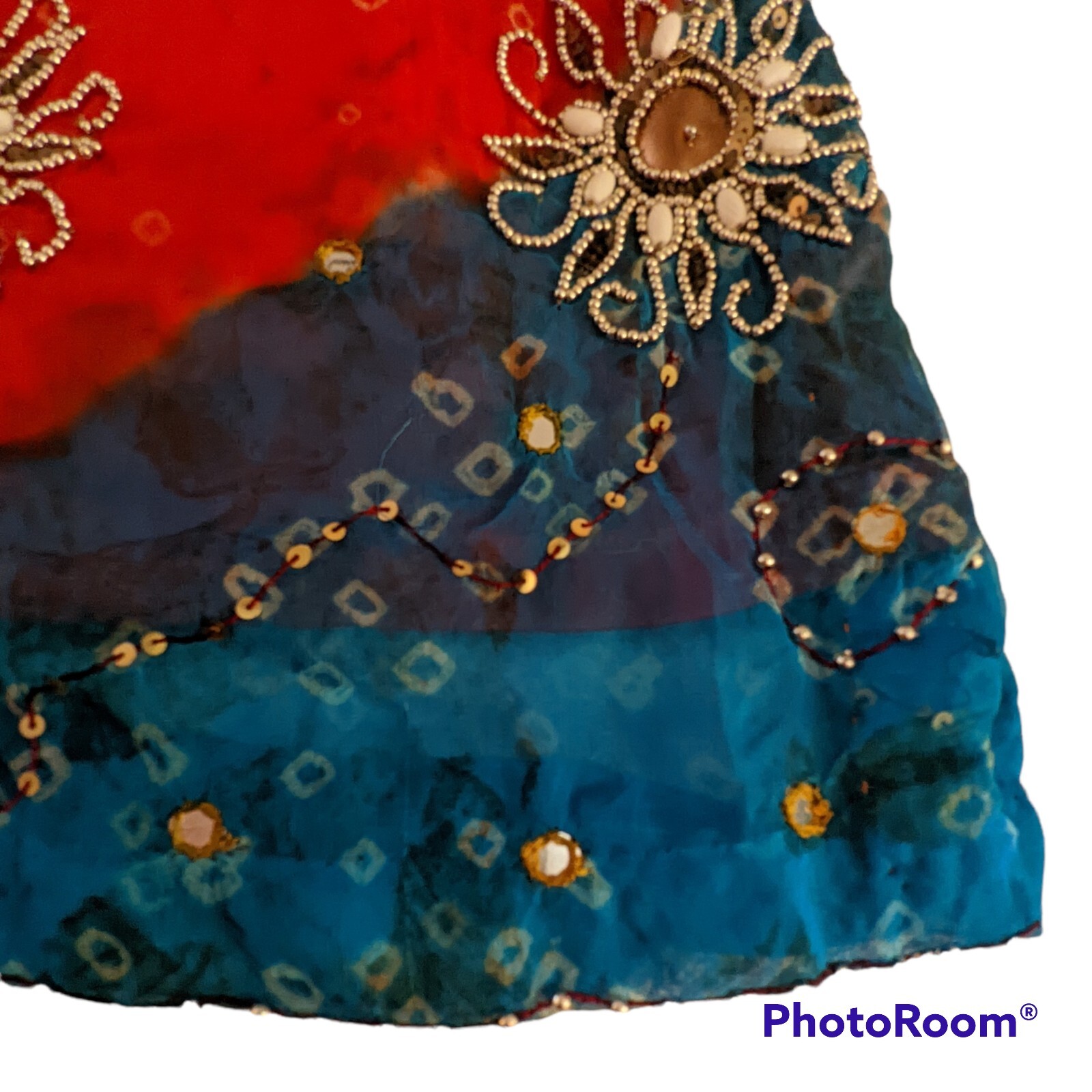 Indian Kurti Tunic Top Dress Women’s Sz 38 Red Blue Short Sleeves Bells Lined