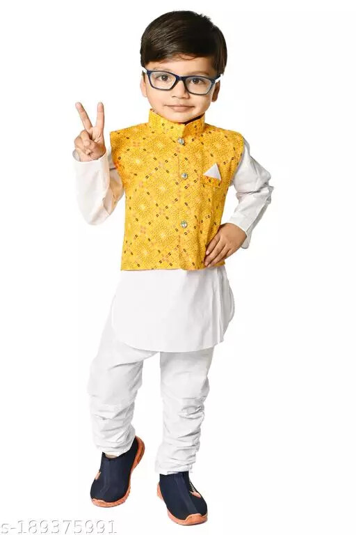 Indian Bollywood Wear Boys Partywear Cotton Blend Kids Kurta &Nehru Cot Pant Set