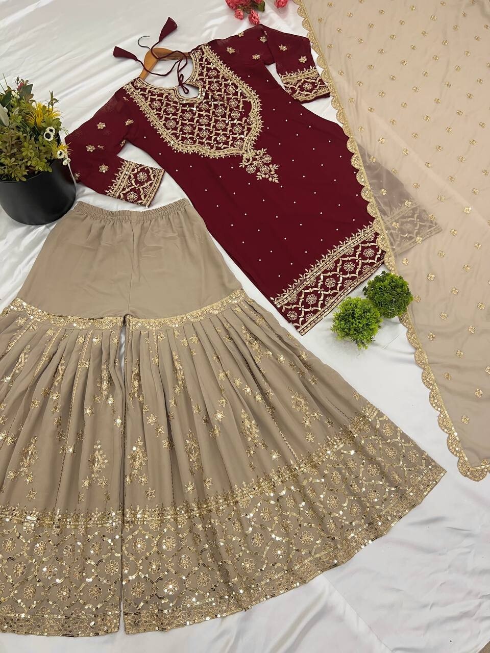 Salwar Kameez Bollywood Style Designer Sharara Suit Maroon Dress Readymade Suit
