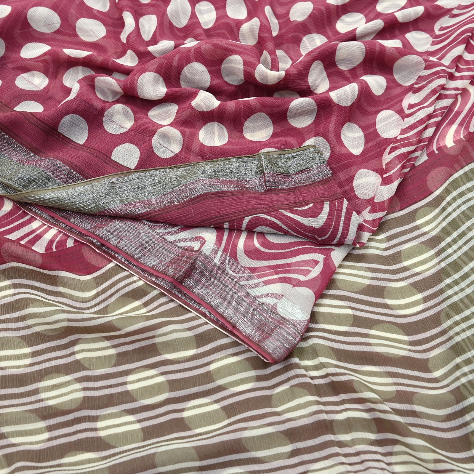 Vintage Pure Chiffon Silk Saree Printed Abstract 5 Yards Fabric DressMaking Zari