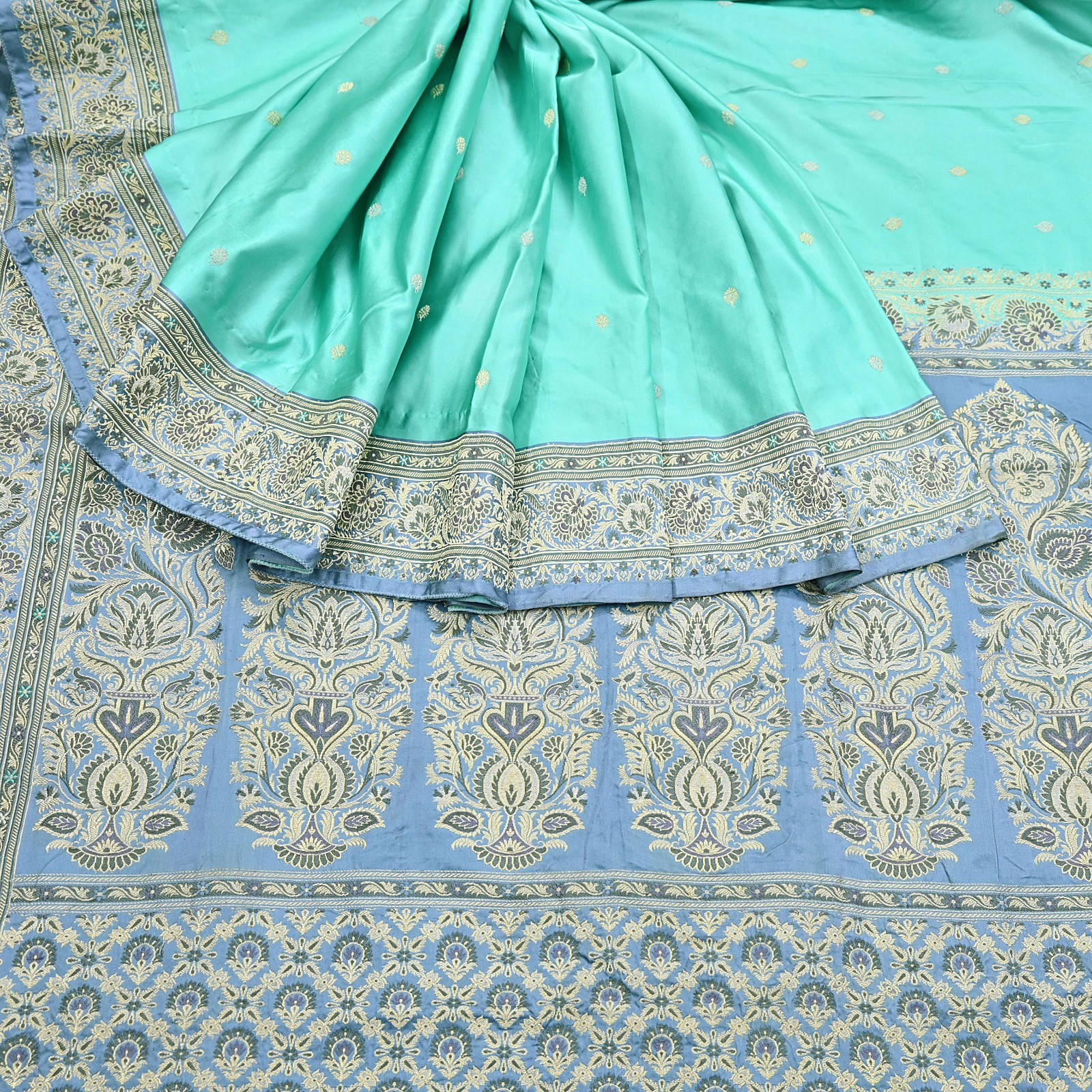 Indian Vintage Sari Heavy Pure Silk Woven Banarasi Brocade Saree Fabric 5Yd