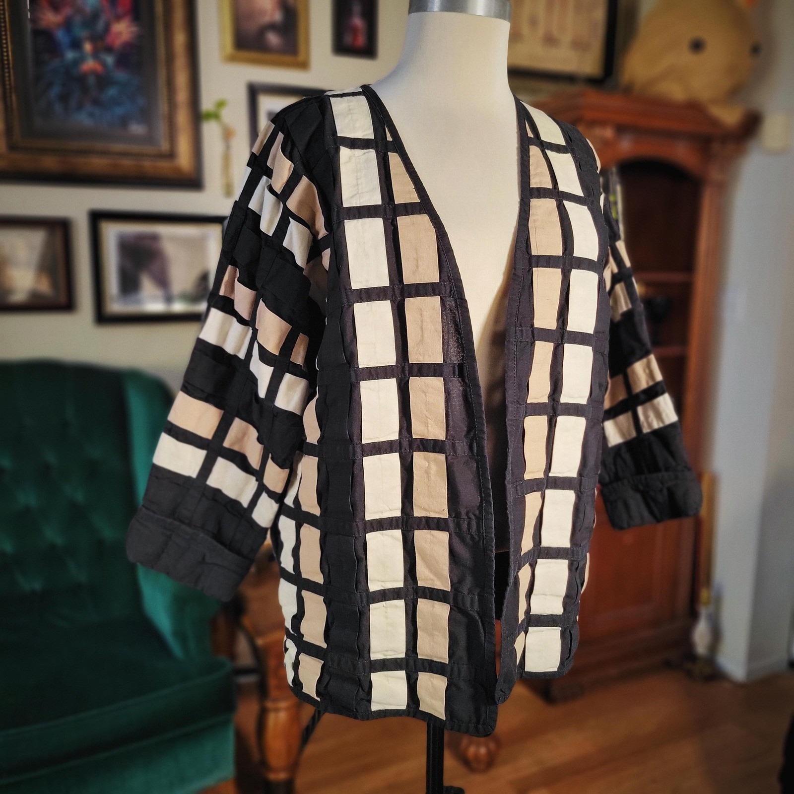 Unisex Black White Kimono Vintage 80s YAK MAGIK Geometric Pattern Jacket Small