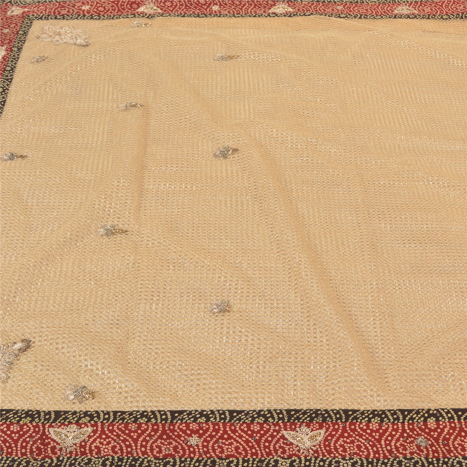 Sanskriti Vintage Sarees Net Mesh Ivory Hand Beaded Cultural Sari 5 Yard Fabric