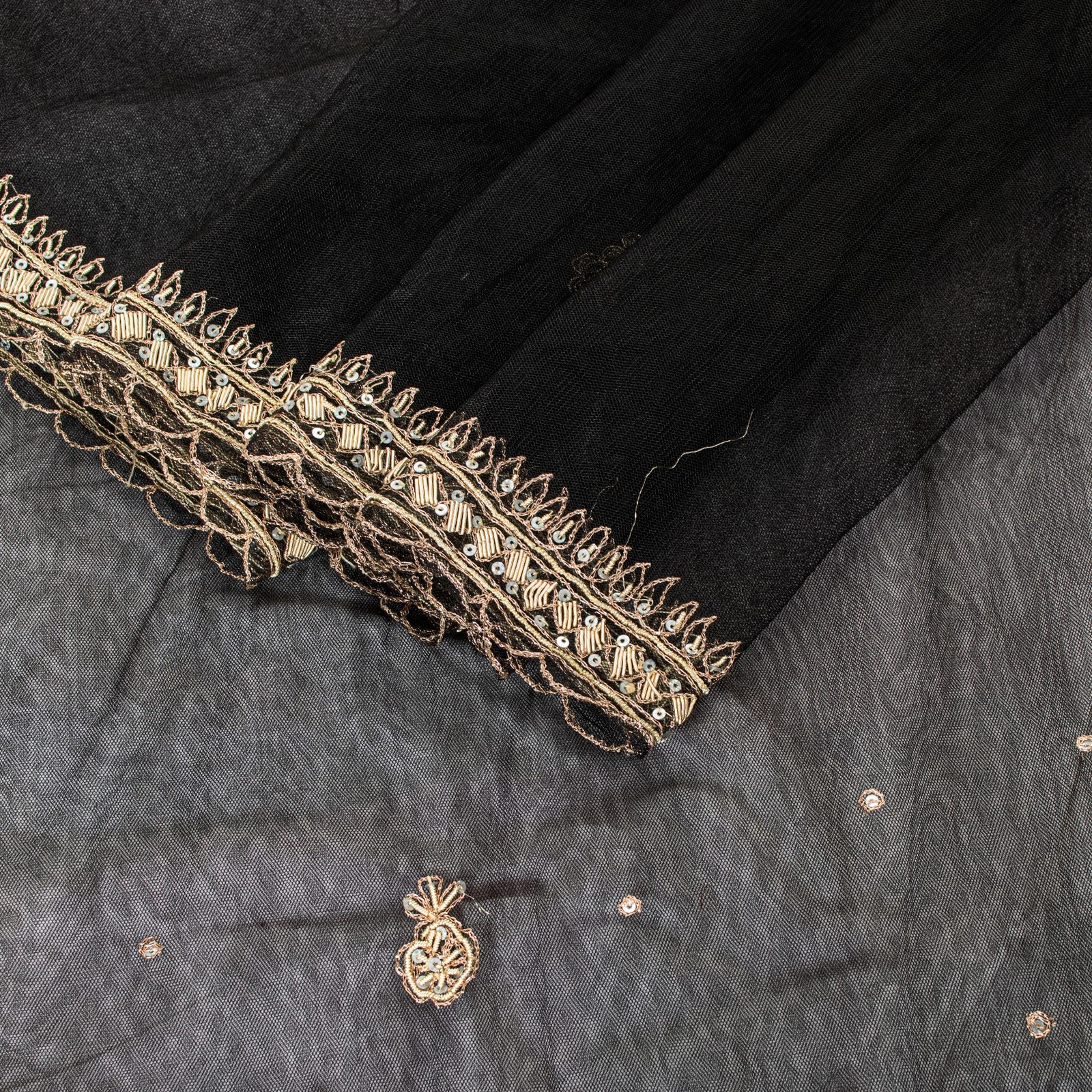 Sanskriti Vintage Black Net Mesh Saree Hand Embroidered Zardozi Dabka 6Yd Fabric