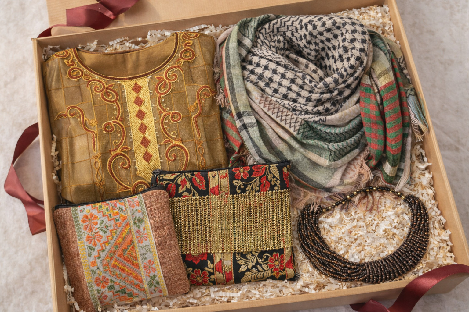 5-Piece Palestinian Gift Box Set – Abaya, Kufiyyeh Scarf, 2 Clutches & Necklace