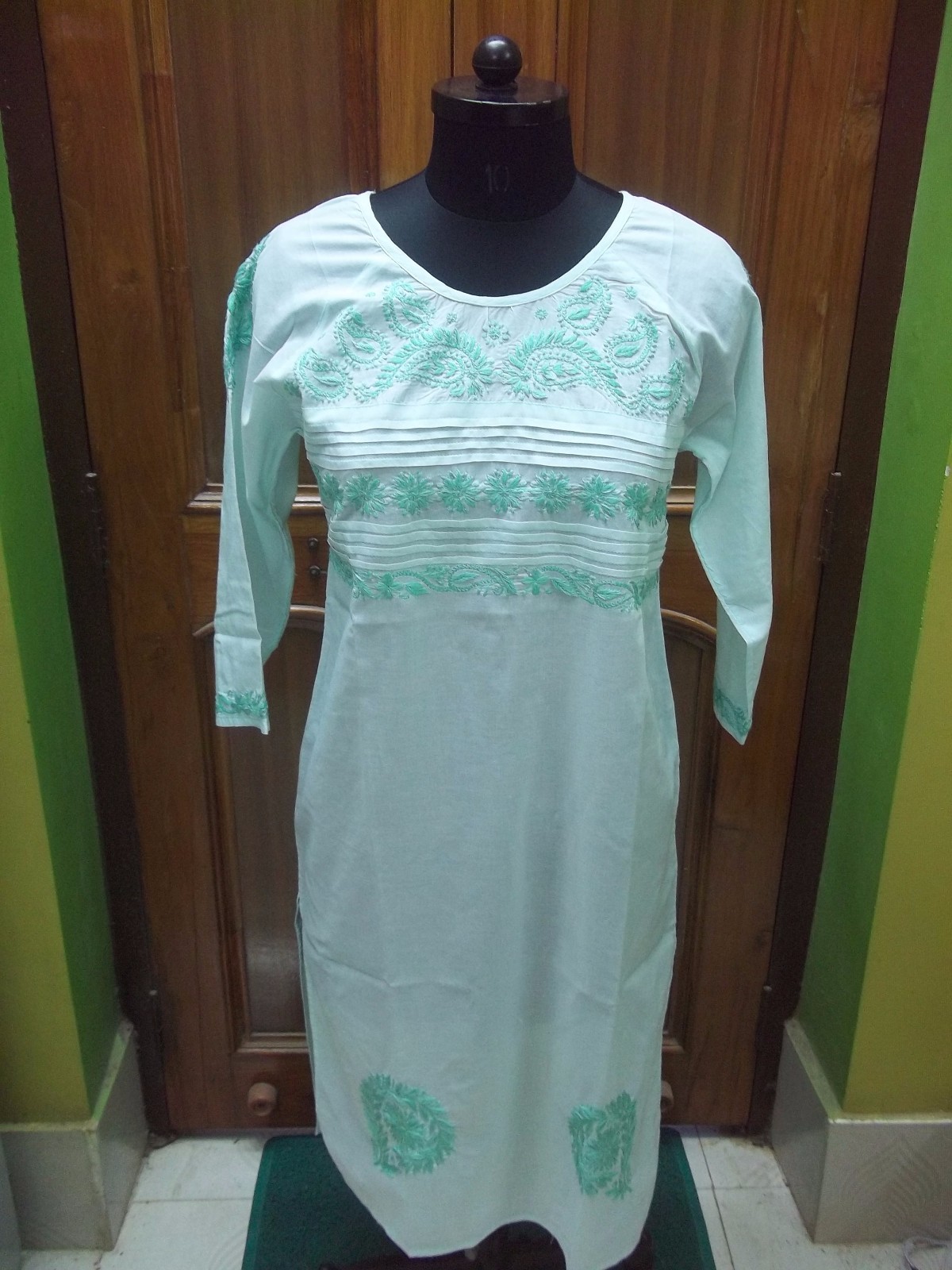 LONG M 40″ ETHNIC CHIKAN EMBROIDERY 100% COTTON TOP HANDMADE KURTA KURTI TUNIC