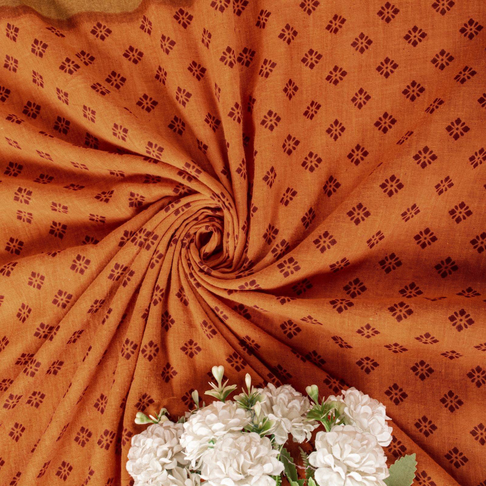 Sanskriti Vintage Saree Orange Pure Cotton Hand Block Print-Batik Work 5+Yd Sari