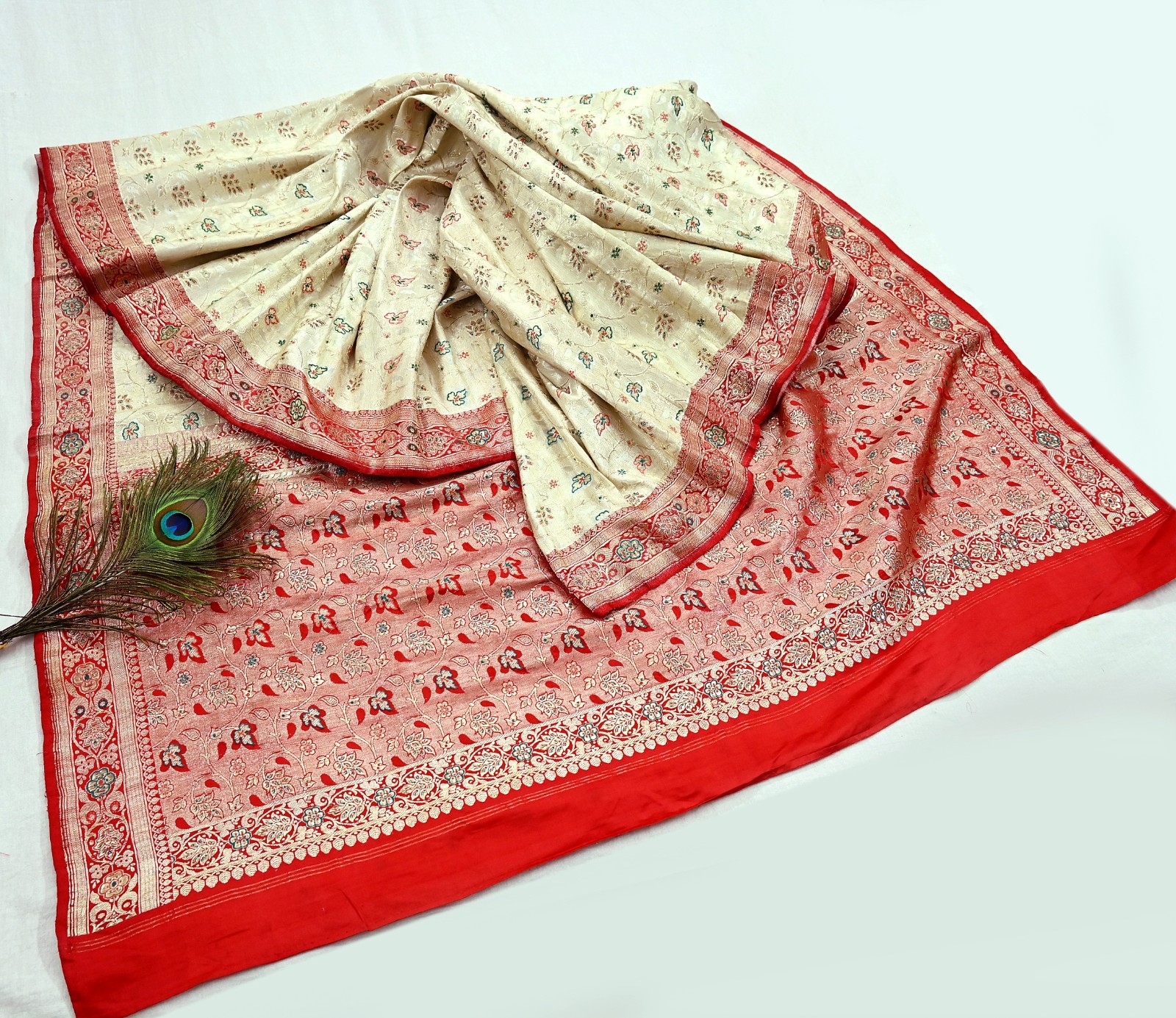 Indian Antique Vintage Heavy Sari Red & White Pure Satin Silk Hand Woven Saree